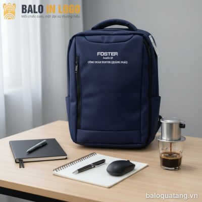 Balo đựng laptop văn phòng in logo quà tặng vải 900PU xanh navy LT-01