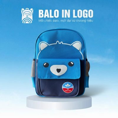 Balo học sinh in logo quà tặng xanh dương hình gấu 38x28x14cm HS-01