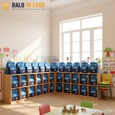 Balo học sinh in logo quà tặng xanh dương hình gấu 38x28x14cm HS-01