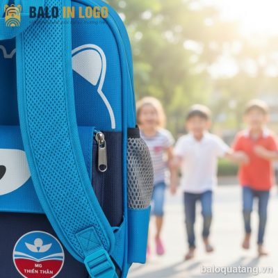 Balo học sinh in logo quà tặng xanh dương hình gấu 38x28x14cm HS-01