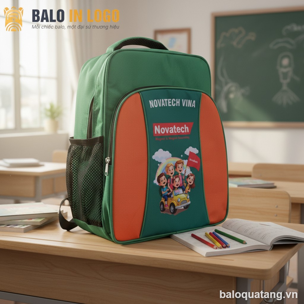 Balo học sinh in logo vải 900PU xanh lá phối cam họa tiết hoạt hình HS-11