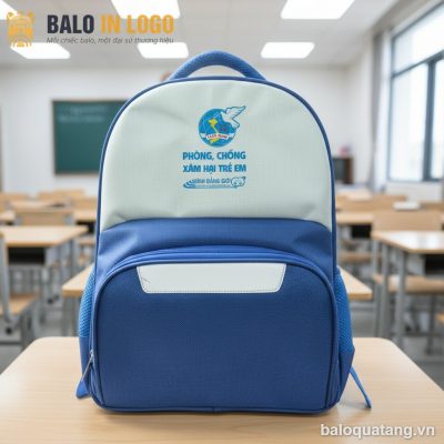 Balo học sinh in logo vải dù 600D xanh dương 35x23x10cm HS-12