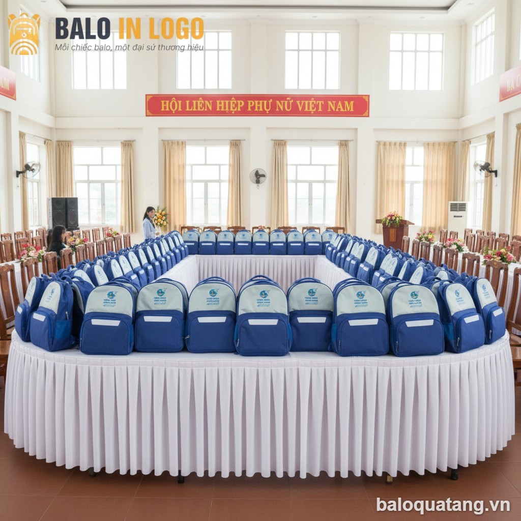 Balo học sinh in logo vải dù 600D xanh dương 35x23x10cm HS-12