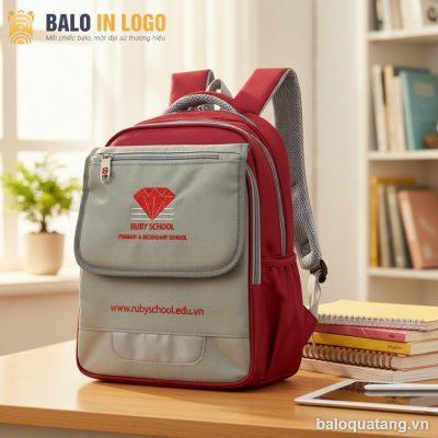 Balo học sinh quà tặng in logo vải 900 PU 30x40x12cm màu xám đỏ HS-05