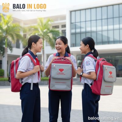 Balo học sinh quà tặng in logo vải 900 PU 30x40x12cm màu xám đỏ HS-05