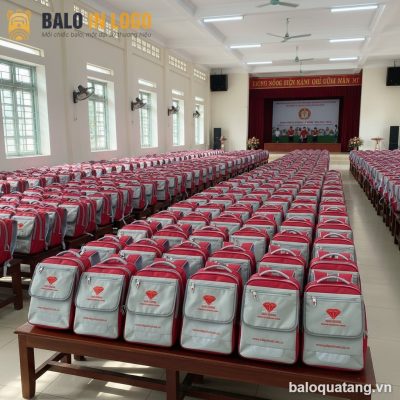 Balo học sinh quà tặng in logo vải 900 PU 30x40x12cm màu xám đỏ HS-05
