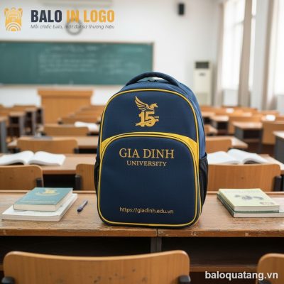 Balo học sinh quà tặng in logo vải 900 PU màu xanh vàng HS-06