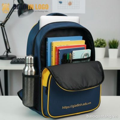 Balo học sinh quà tặng in logo vải 900 PU màu xanh vàng HS-06