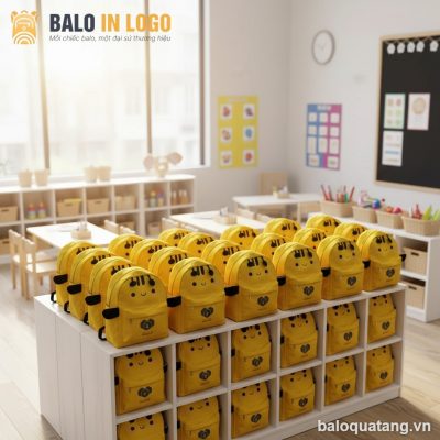Balo mầm non quà tặng in logo vải dù họa tiết con ong vàng HS-03
