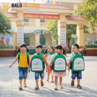 Balo mẫu giáo quà tặng in logo vải 600D dáng hộp xanh lá HS-04