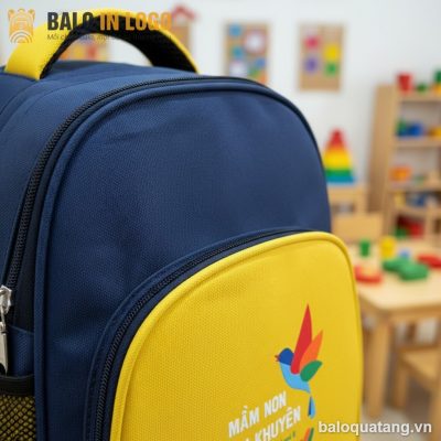 Cặp xách học sinh quà tặng in logo vải bố 600D vàng phối xanh navy HS-09
