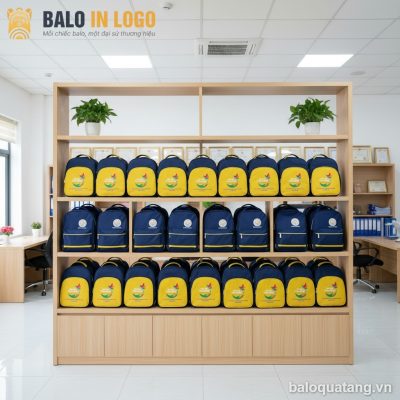 Cặp xách học sinh quà tặng in logo vải bố 600D vàng phối xanh navy HS-09