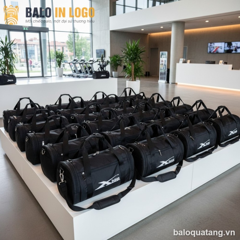 Túi du lịch thể thao quà tặng in logo vải dù màu đen DL-04
