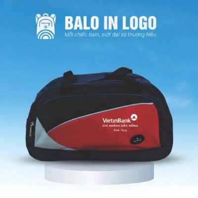 Túi xách du lịch quà tặng in logo vải dù màu xanh dương phối đỏ DL-03