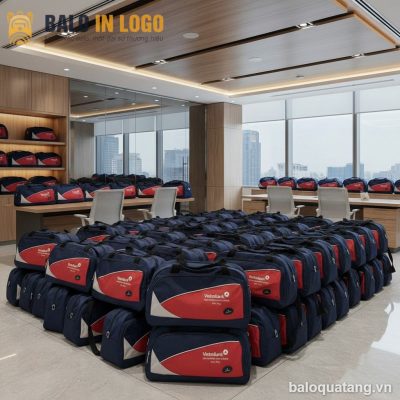 Túi xách du lịch quà tặng in logo vải dù màu xanh dương phối đỏ DL-03