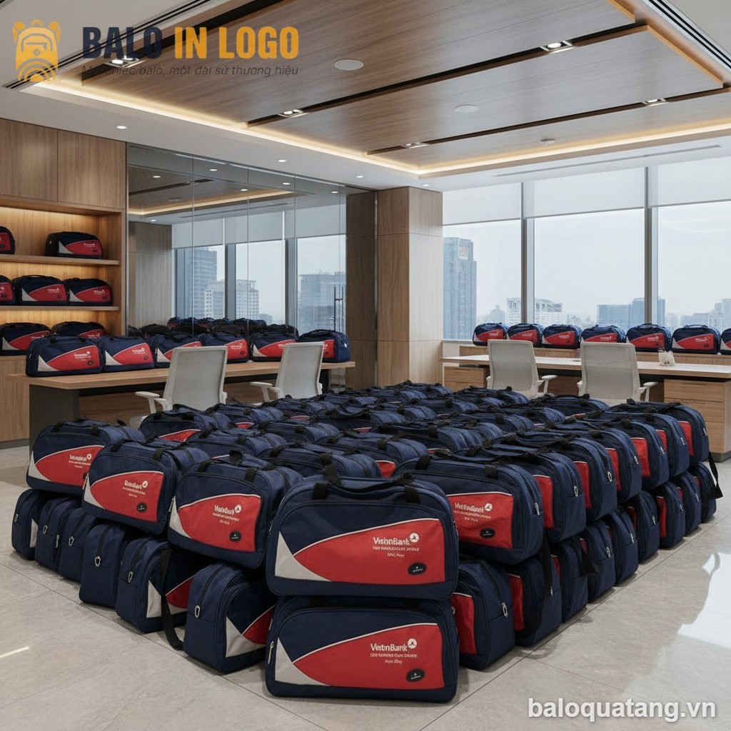 Túi xách du lịch quà tặng in logo vải dù màu xanh dương phối đỏ DL-03