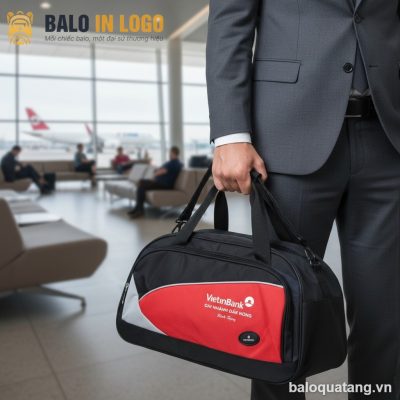 Túi xách du lịch quà tặng in logo vải dù màu xanh dương phối đỏ DL-03