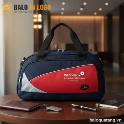 Túi xách du lịch quà tặng in logo vải dù màu xanh dương phối đỏ DL-03